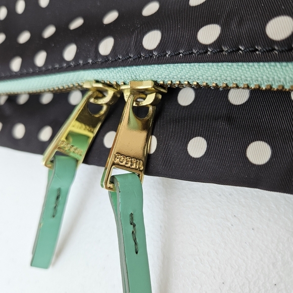 Fossil Keyper Mini Flap Crossbody Organizer Purse Polka Dot Bag - Black and Mint - Picture 13 of 13